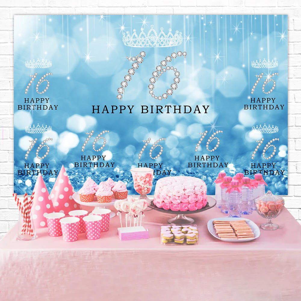 Custom Birthday Backdrops Sweet 16 Blue Glitter Luxury Backdrop RR1-57