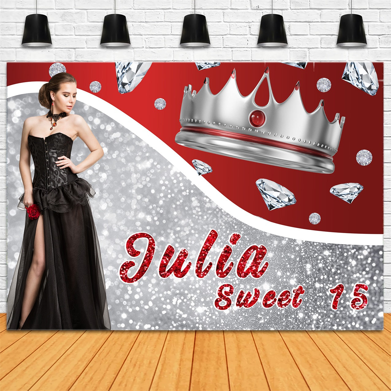 Birthday Backdrop Personalized Sweet 15 Silver Crown Backdrop RR1-60