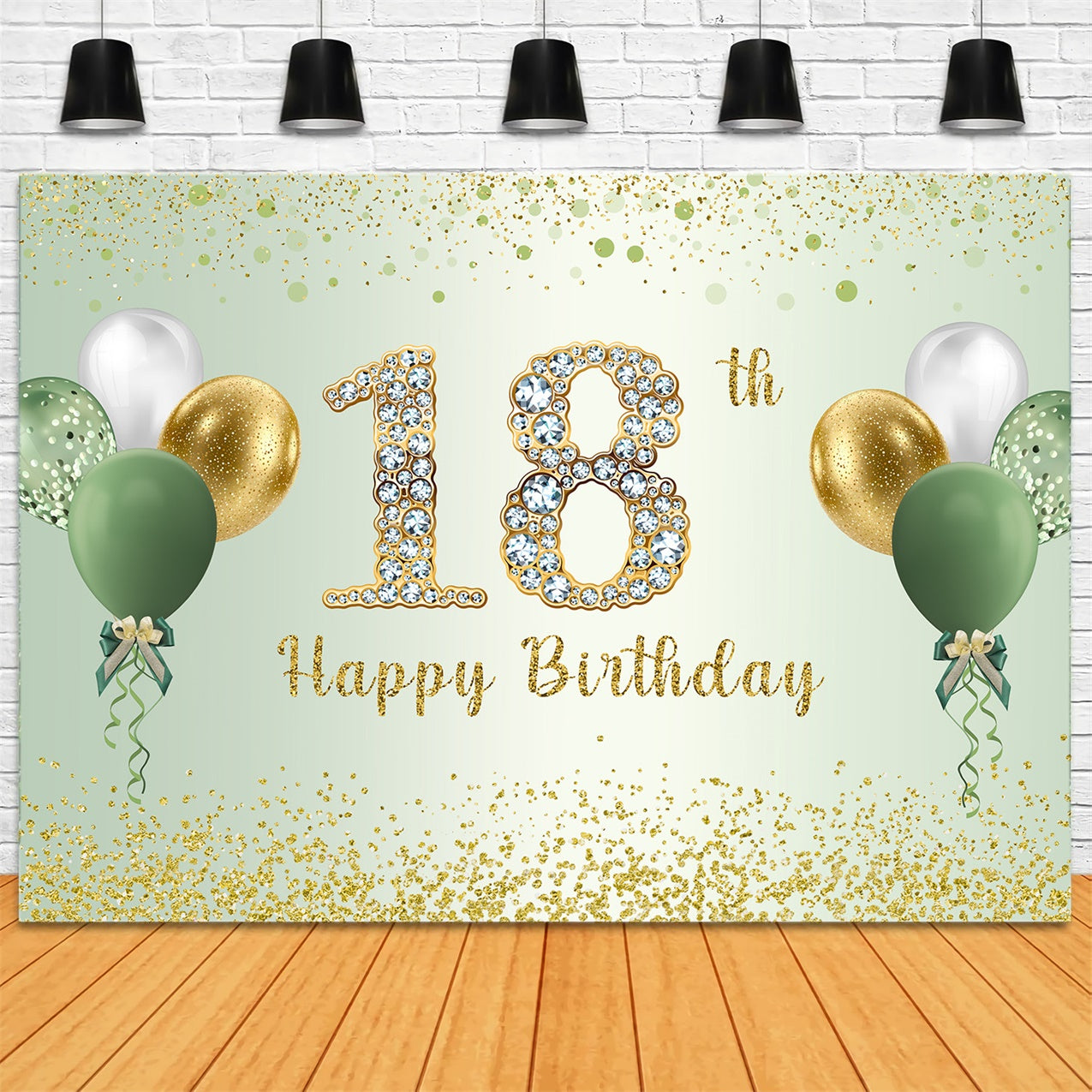 Custom 18th Birthday Backdrop Shiny Green Gold Balloon Backdrop RR1-65