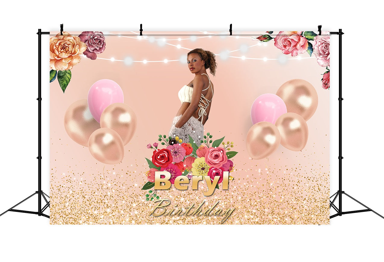 Custom Made Birthday Backdrops Gold Balloons Floral Backdrop RR1-68