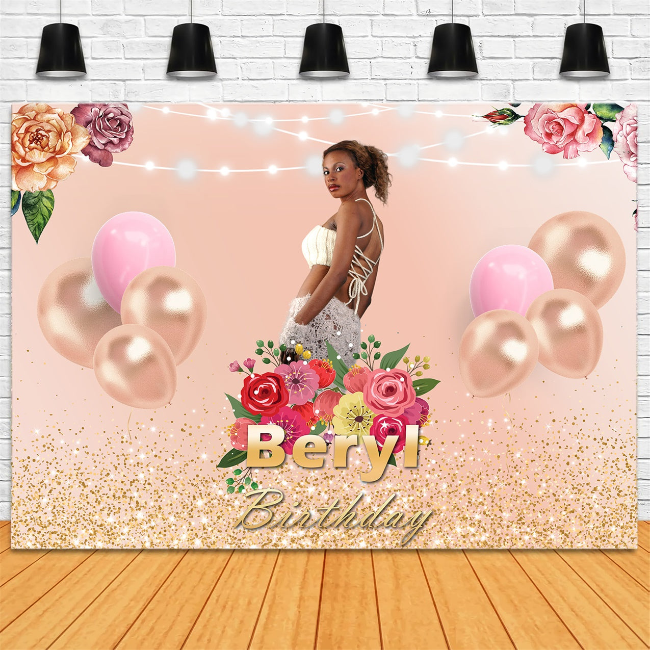 Custom Made Birthday Backdrops Gold Balloons Floral Backdrop RR1-68