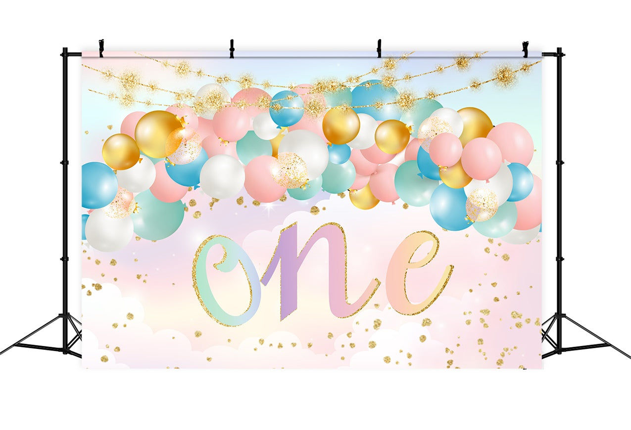 Custom 1st Birthday Backdrop Golden Confetti Pastel Balloon Backdrop RR1-70