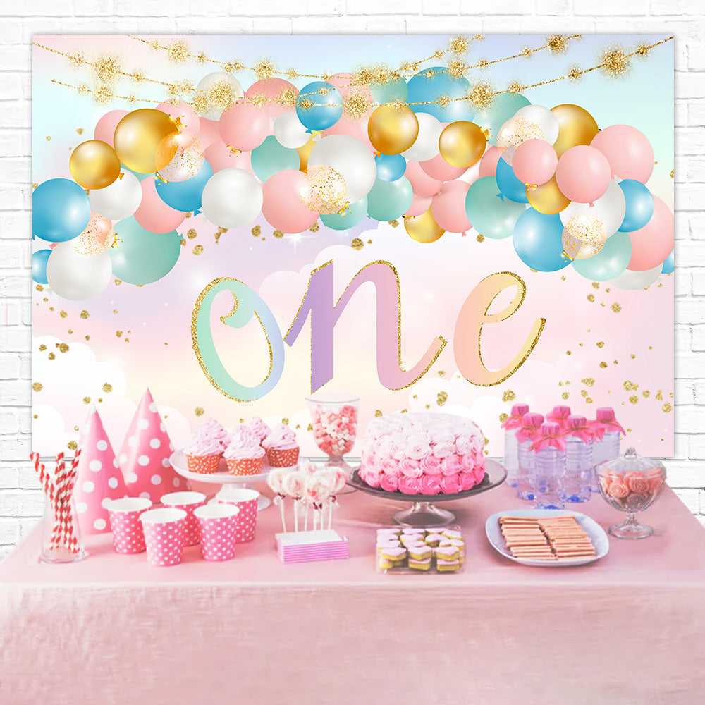 Custom 1st Birthday Backdrop Golden Confetti Pastel Balloon Backdrop RR1-70