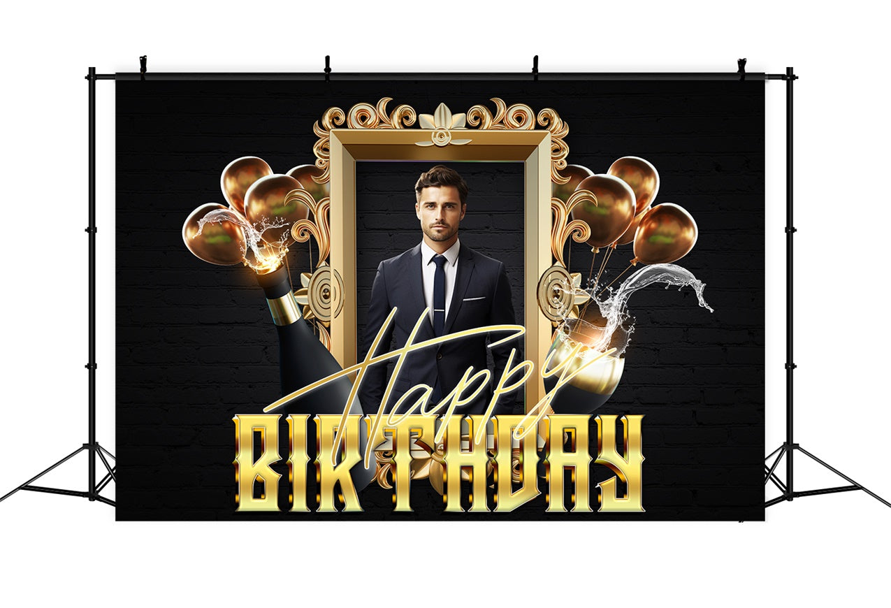 Personalized Birthday Photo Backdrop Golden Frame Champagne Backdrop RR1-71