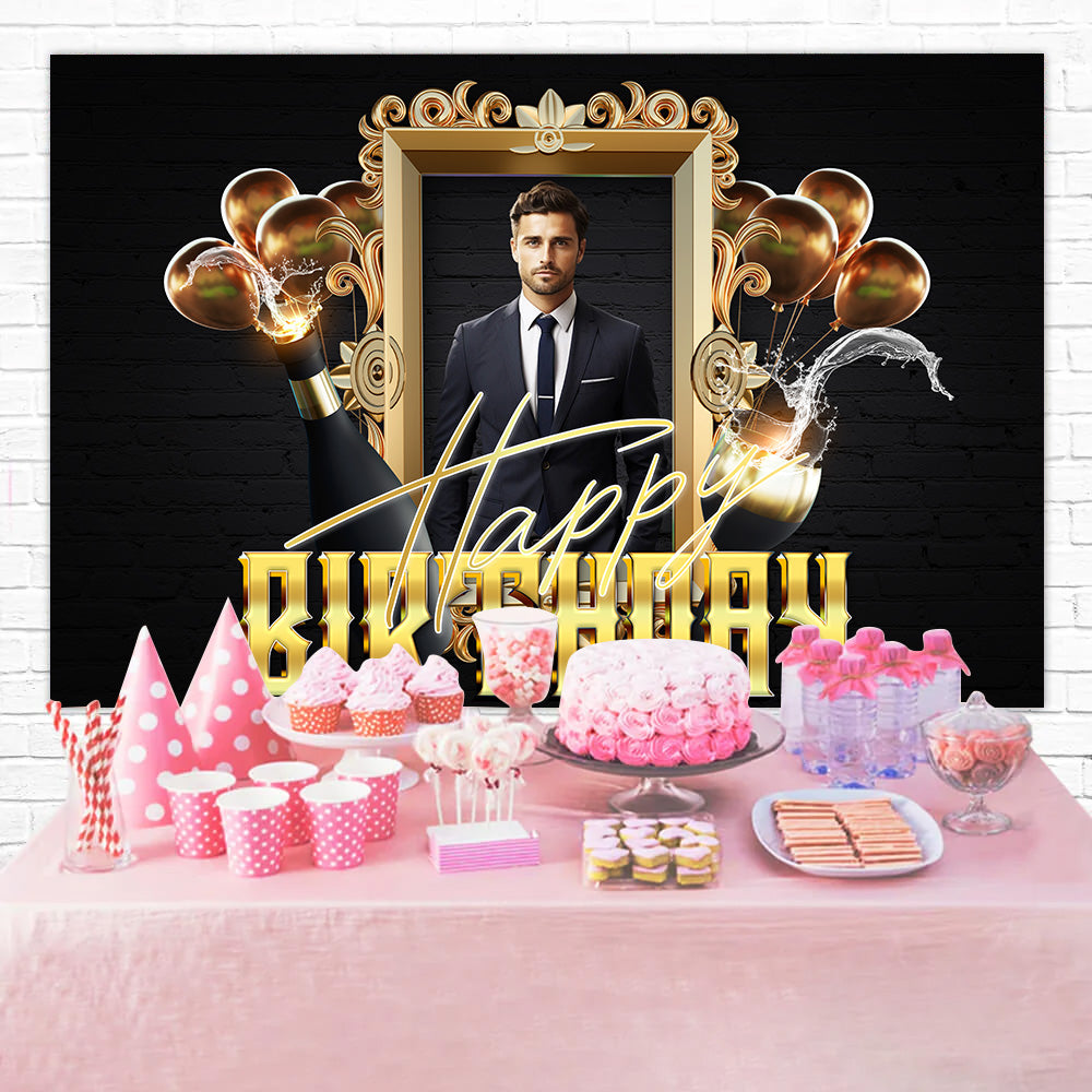 Personalized Birthday Photo Backdrop Golden Frame Champagne Backdrop RR1-71