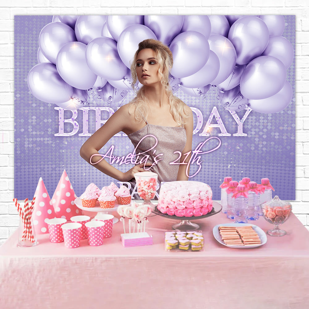 Personalized 21st Birthday Backdrop Sparkling Purple Balloon Backdrop RR1-77