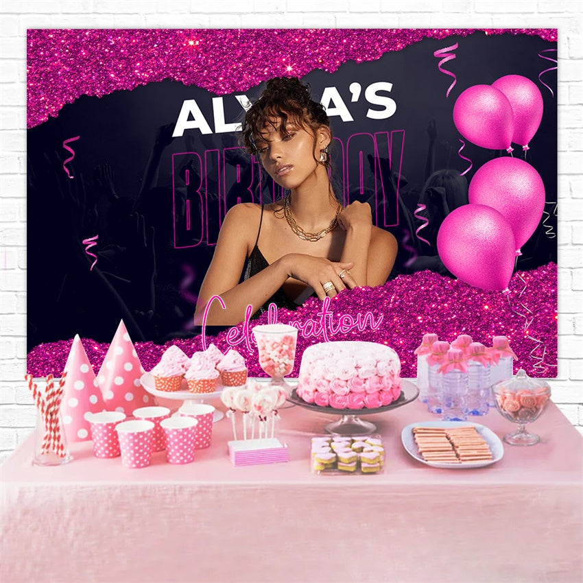 Personalized Birthday Backdrop Stylish Pink Glitter Glam Backdrop RR1-82