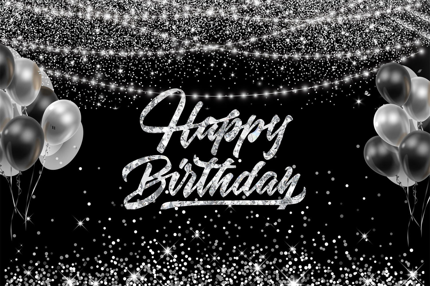 Custom Birthday Backdrops Glitter Balloons Black Silver Backdrop RR12-1