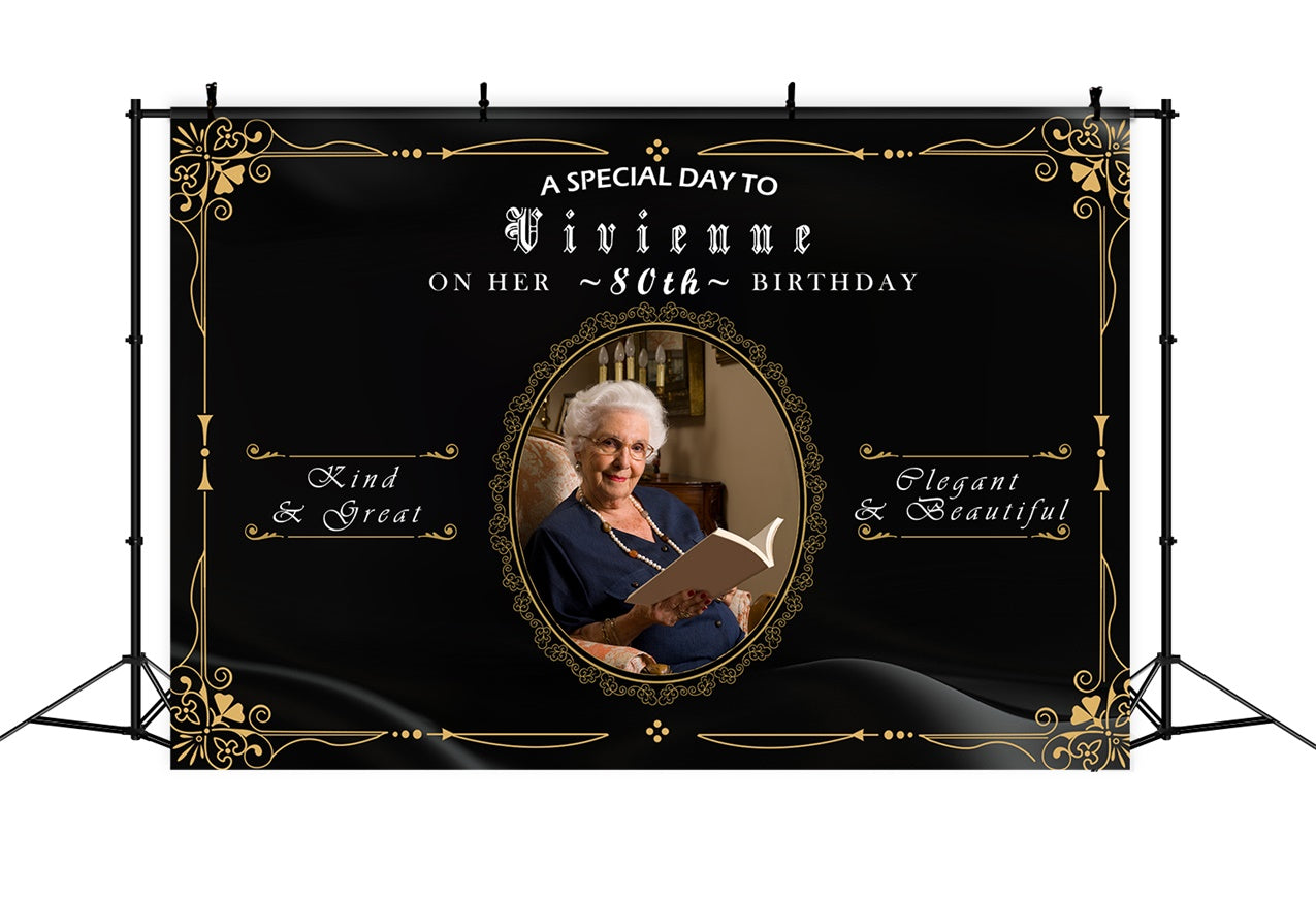 80th Birthday Photo Backdrop Classic Black Gold Backdrop RR12-101