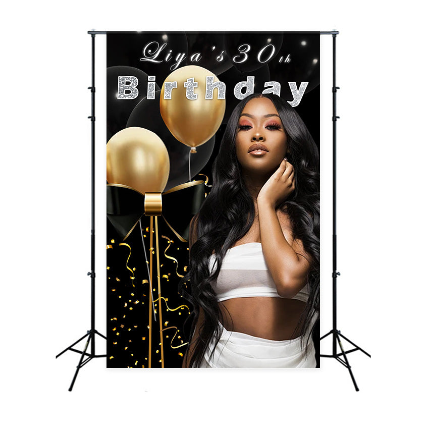 Personalized Backdrop Birthday Black Gold Sparkle Balloon Backdrop RR12-102