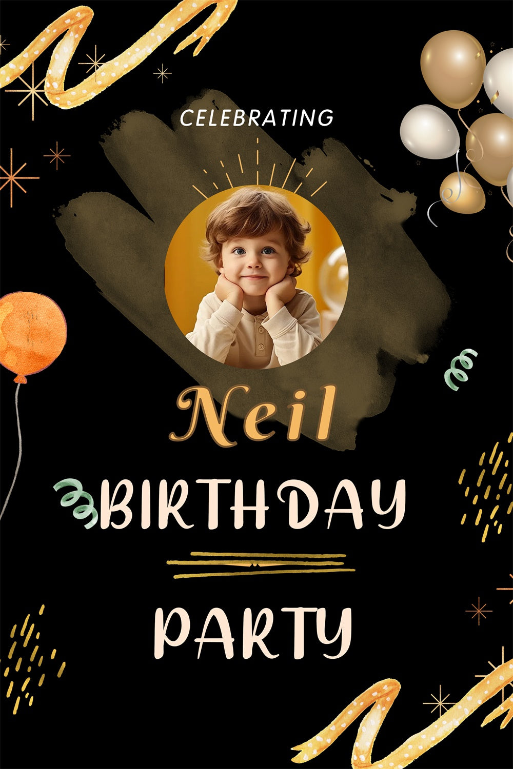 Birthday Backdrop Personalized Adorable Gold Black Kids Backdrop RR12-103