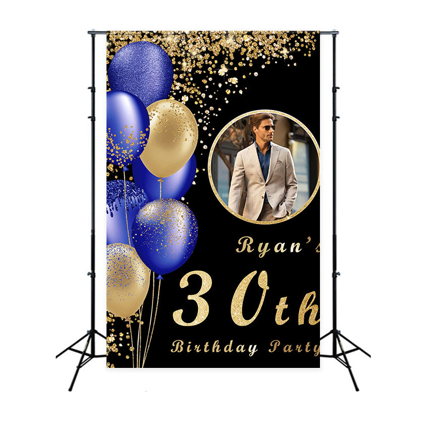 Personalized Birthday Backdrop Golden Sparkle Blue Balloon Backdrop RR12-104