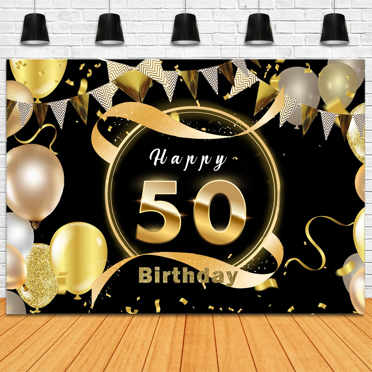 50th Birthday Backdrop Gold Confetti Balloons Custom Backdrop RR12-13