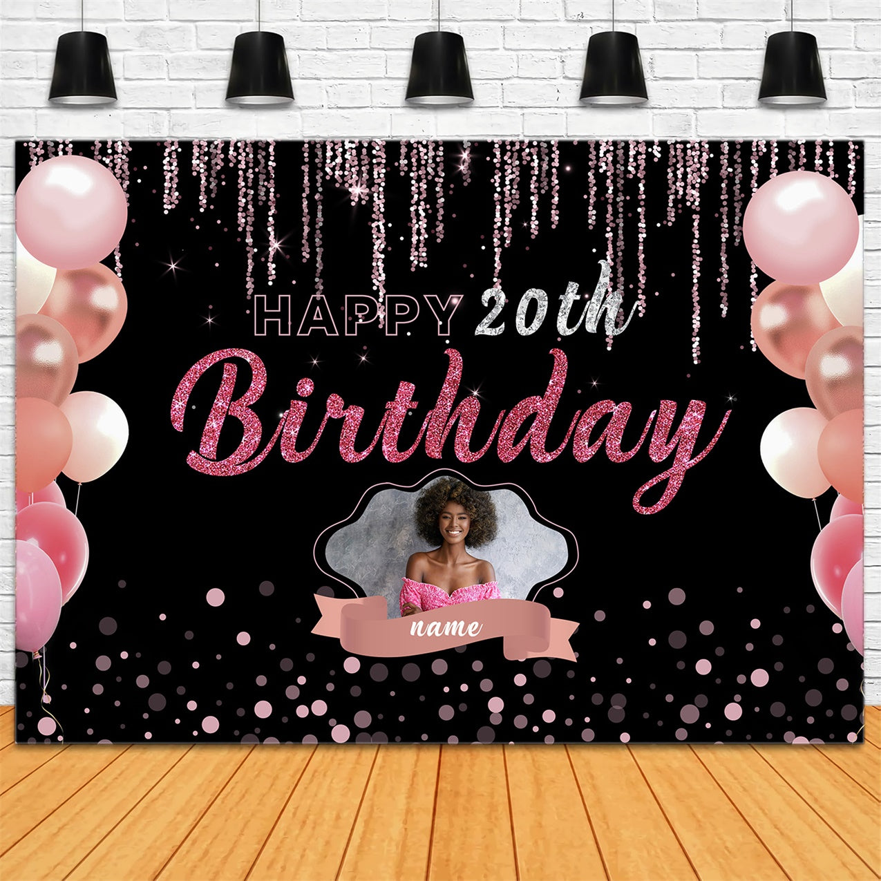 Custom Birthday Backdrops Black Pink Sparkle Balloons 20th Backdrop RR12-17