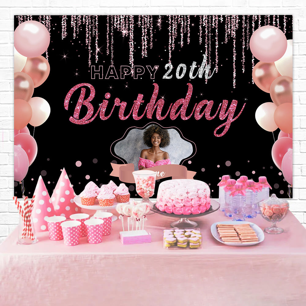 Custom Birthday Backdrops Black Pink Sparkle Balloons 20th Backdrop RR12-17