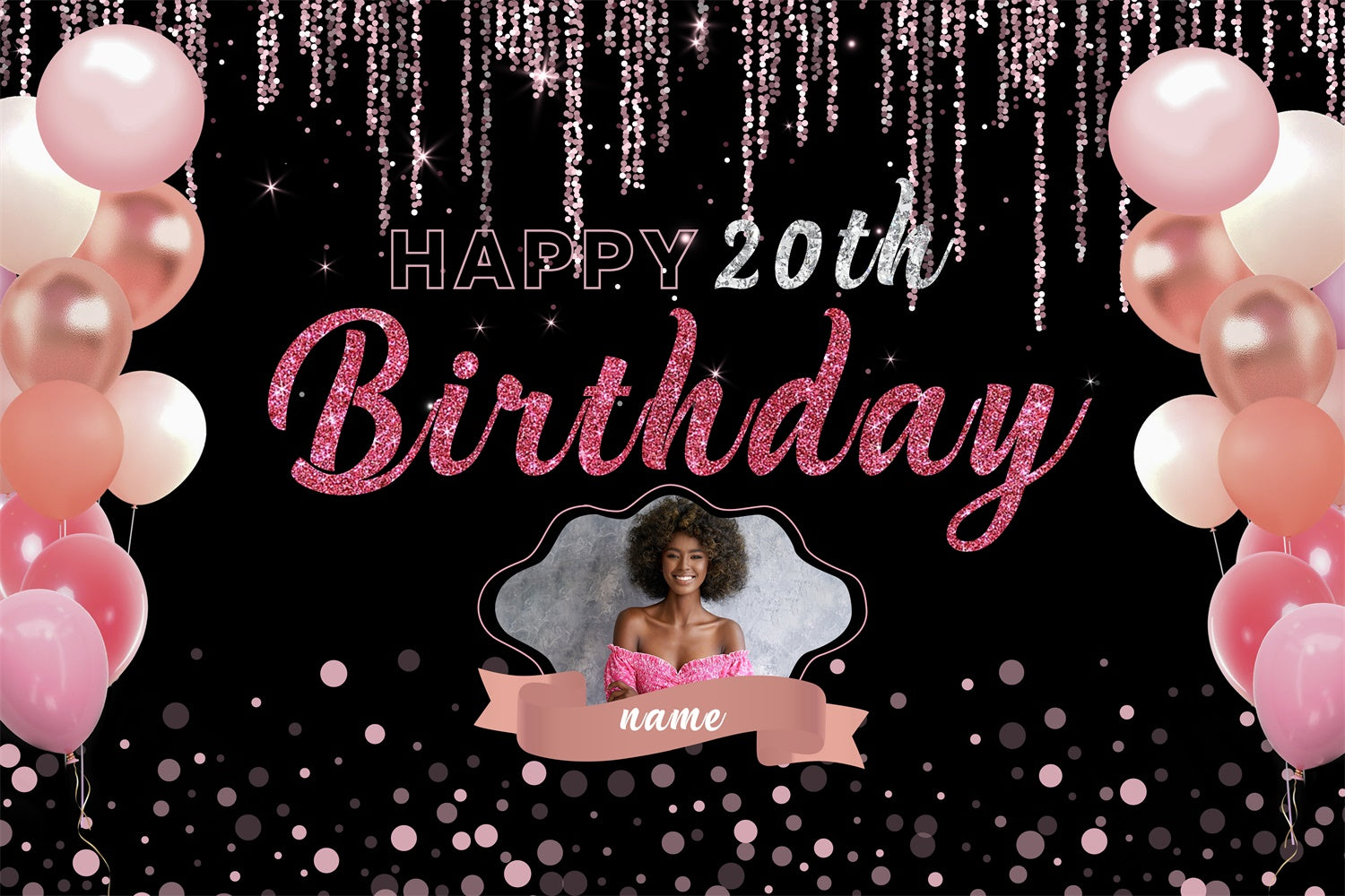 Custom Birthday Backdrops Black Pink Sparkle Balloons 20th Backdrop RR12-17