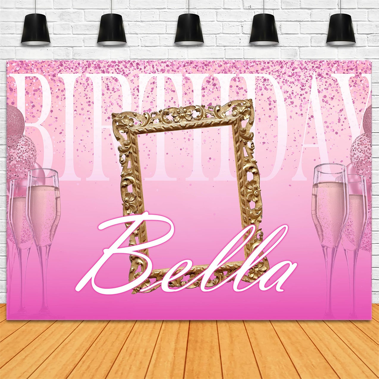 Custom Backdrop For Birthday Gold Frame Pink Sparkle Backdrop RR12-24