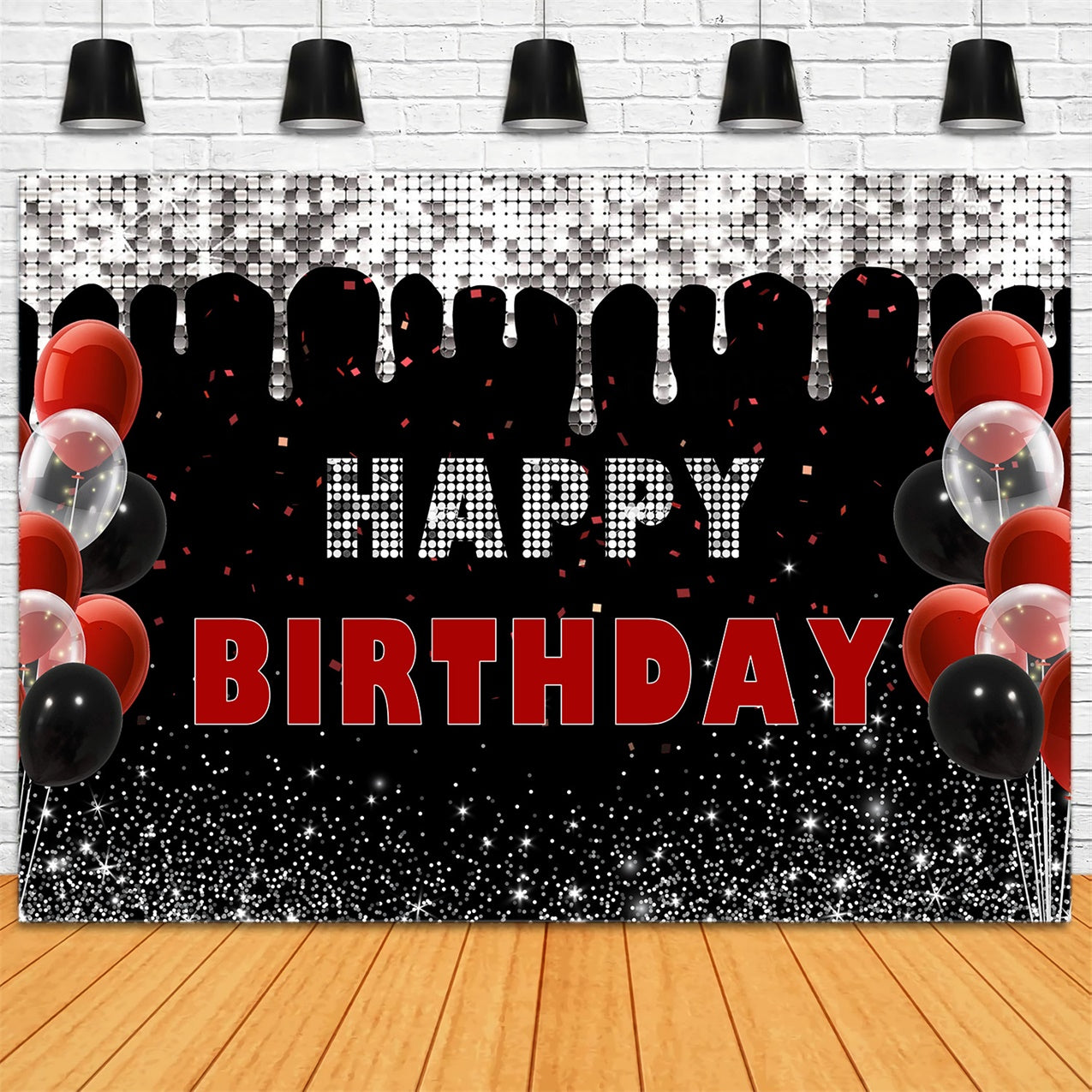 Personalized Birthday Backdrop Elegant Red Black Balloon Backdrop RR12-35