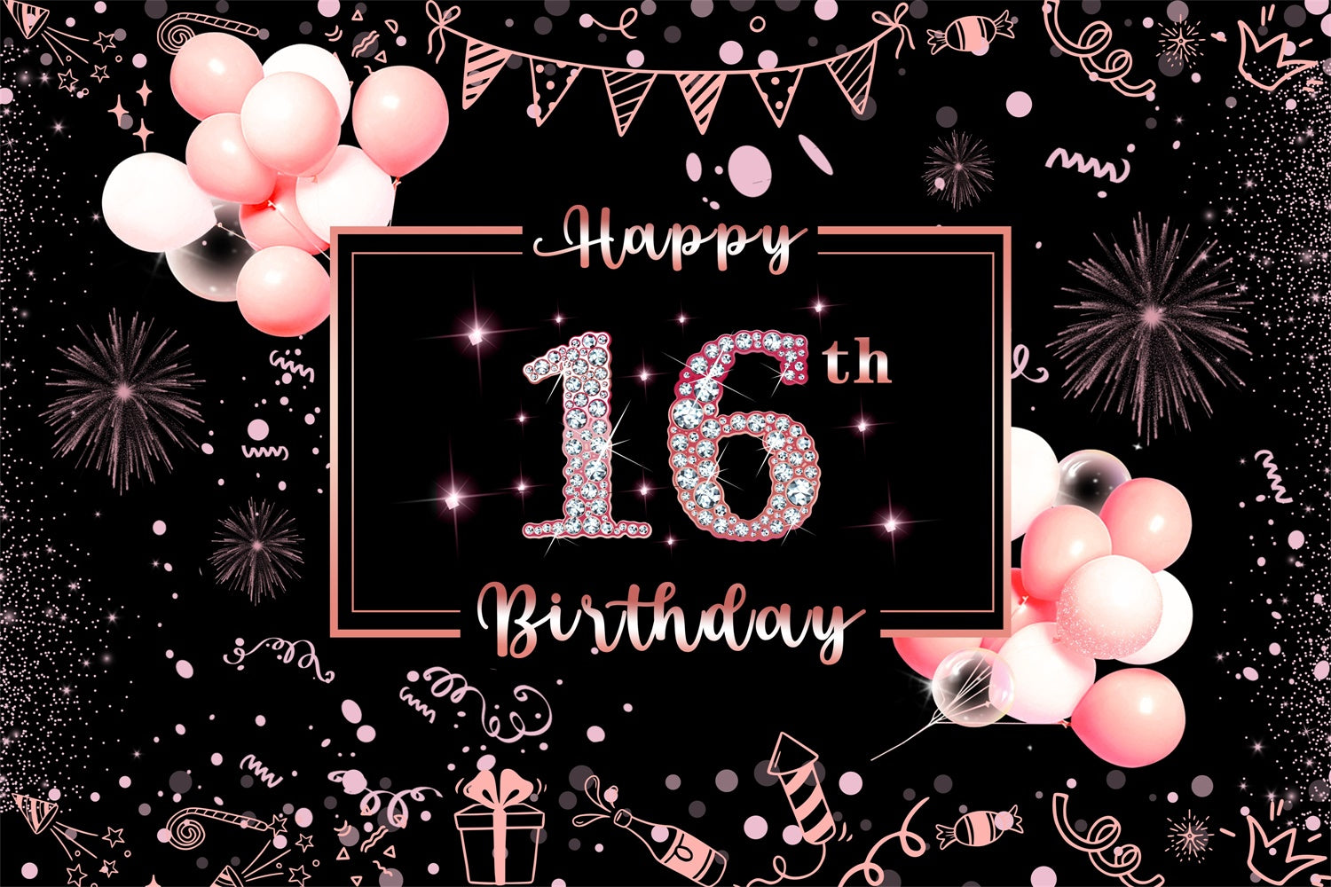 16th Birthday Backdrop Elegant Pink Balloon Celebration Backdrop RR12-38