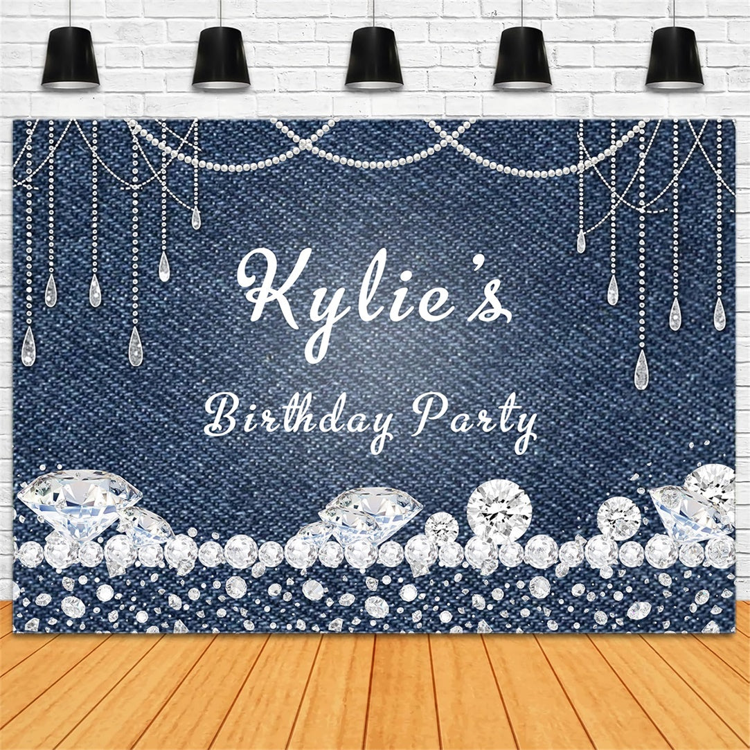 Custom Happy Birthday Backdrop Glittering Denim Style Backdrop RR12-40