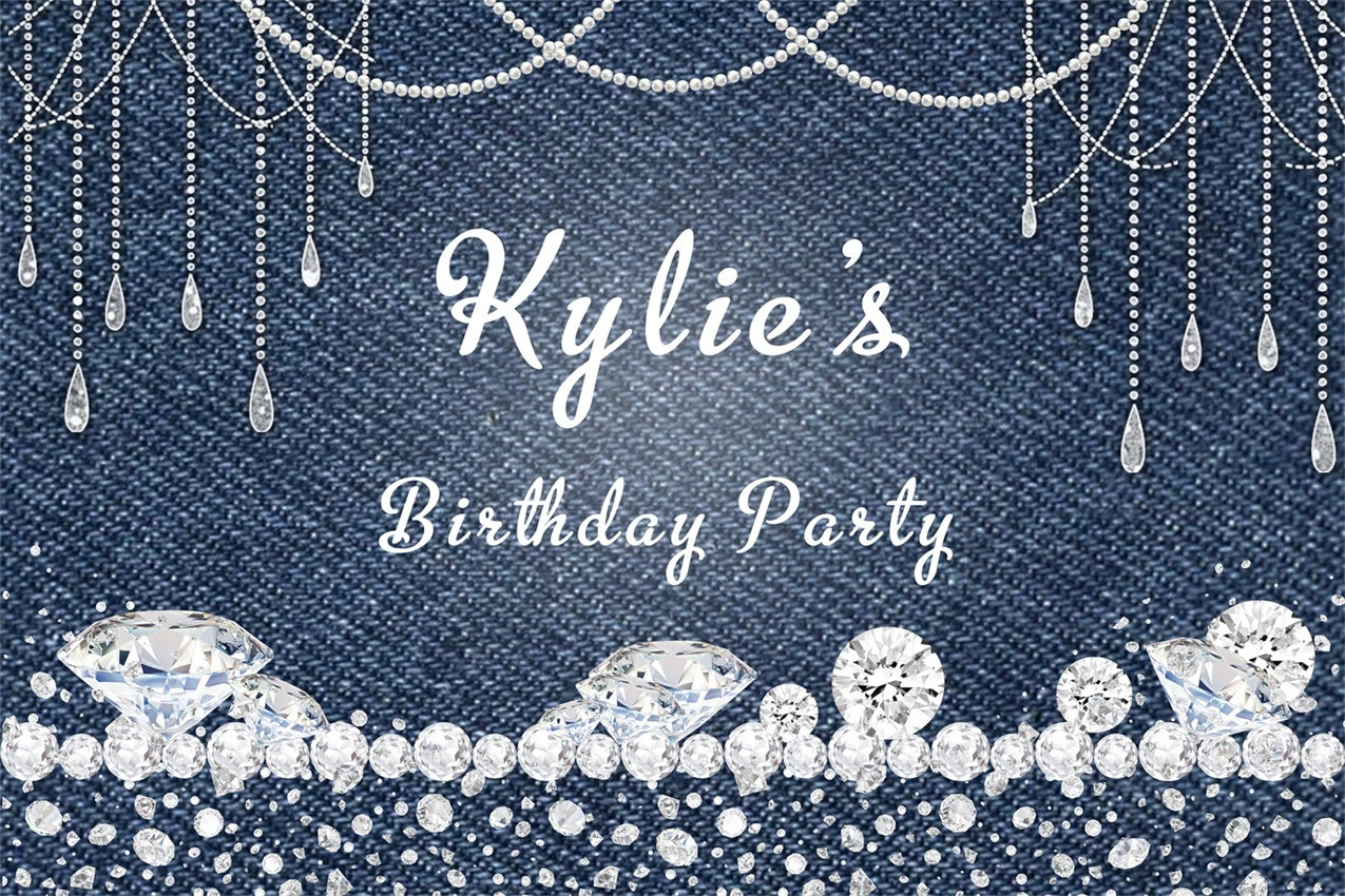 Custom Happy Birthday Backdrop Glittering Denim Style Backdrop RR12-40