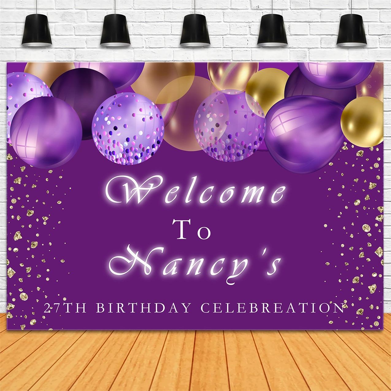 Customized Birthday Backdrop Purple Balloons Golden Glitter Backdrop RR12-47