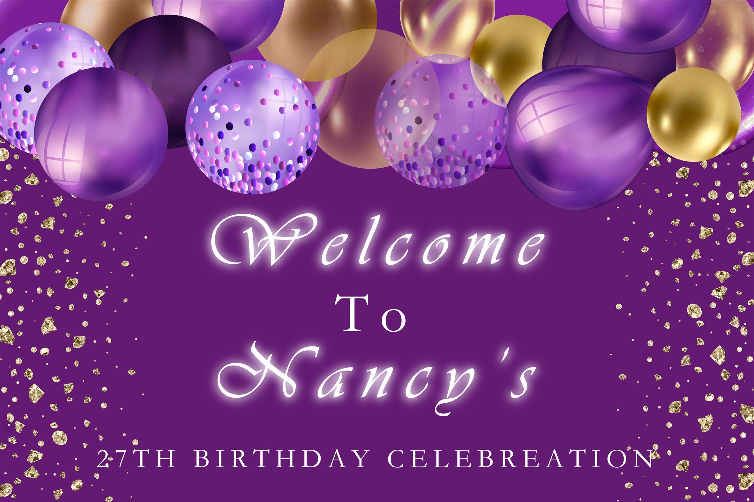 Customized Birthday Backdrop Purple Balloons Golden Glitter Backdrop RR12-47