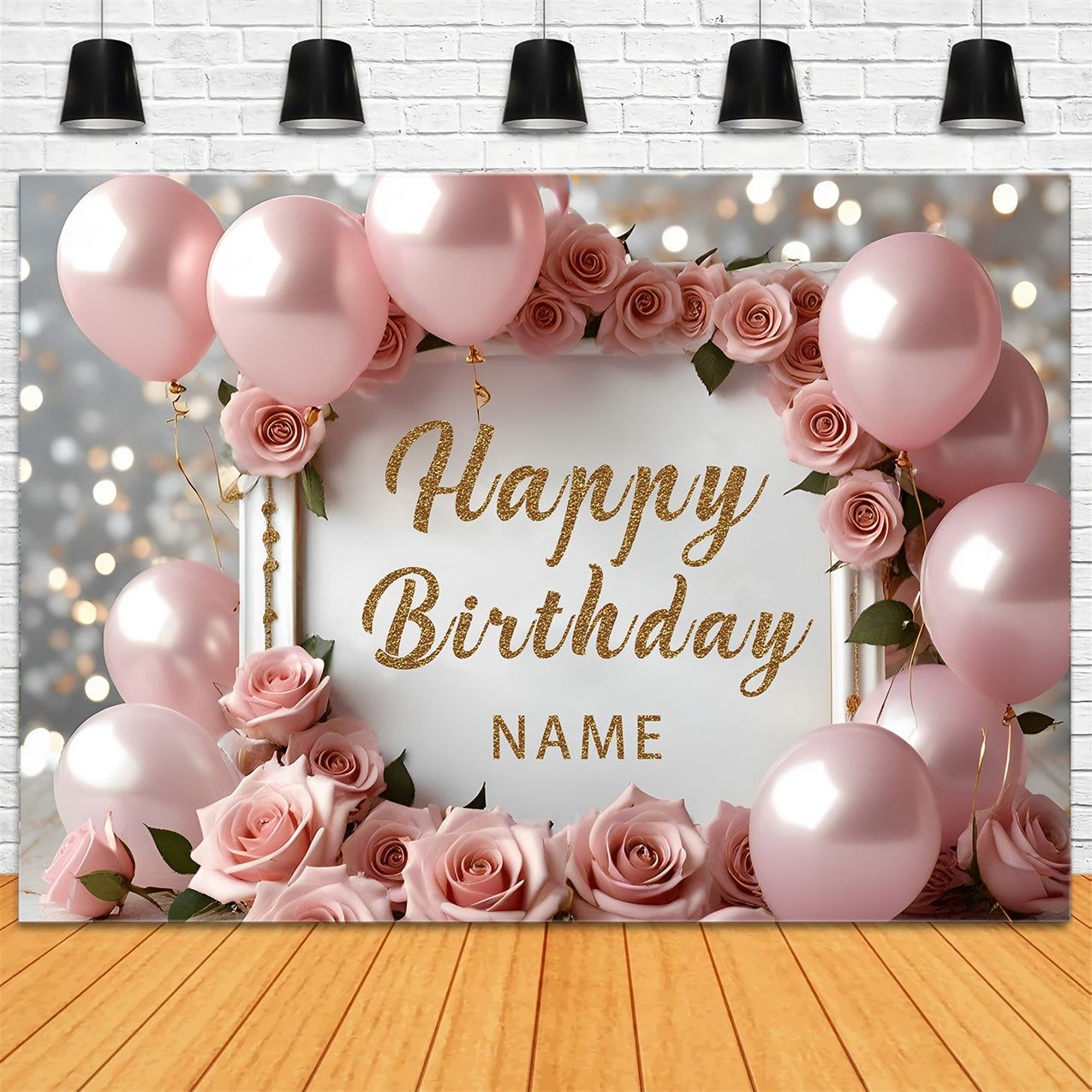 Personalized Birthday Backdrop Elegant Pink Roses Balloon Backdrop RR12-49