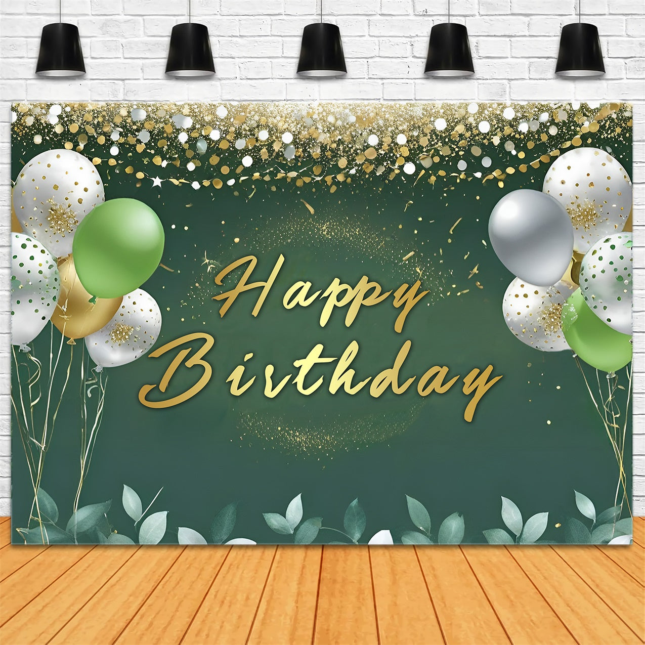 Custom Birthday Backdrops Elegant Balloons Golden Green Backdrop RR12-50