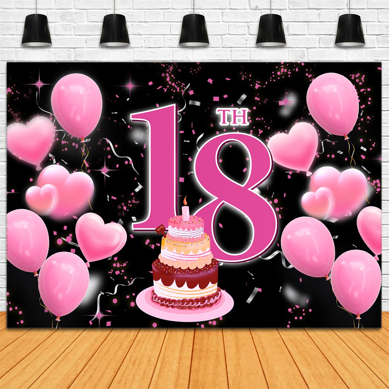 Personalized Birthday Backdrops 18th Pink Balloons Cake Backdrop RR12-51