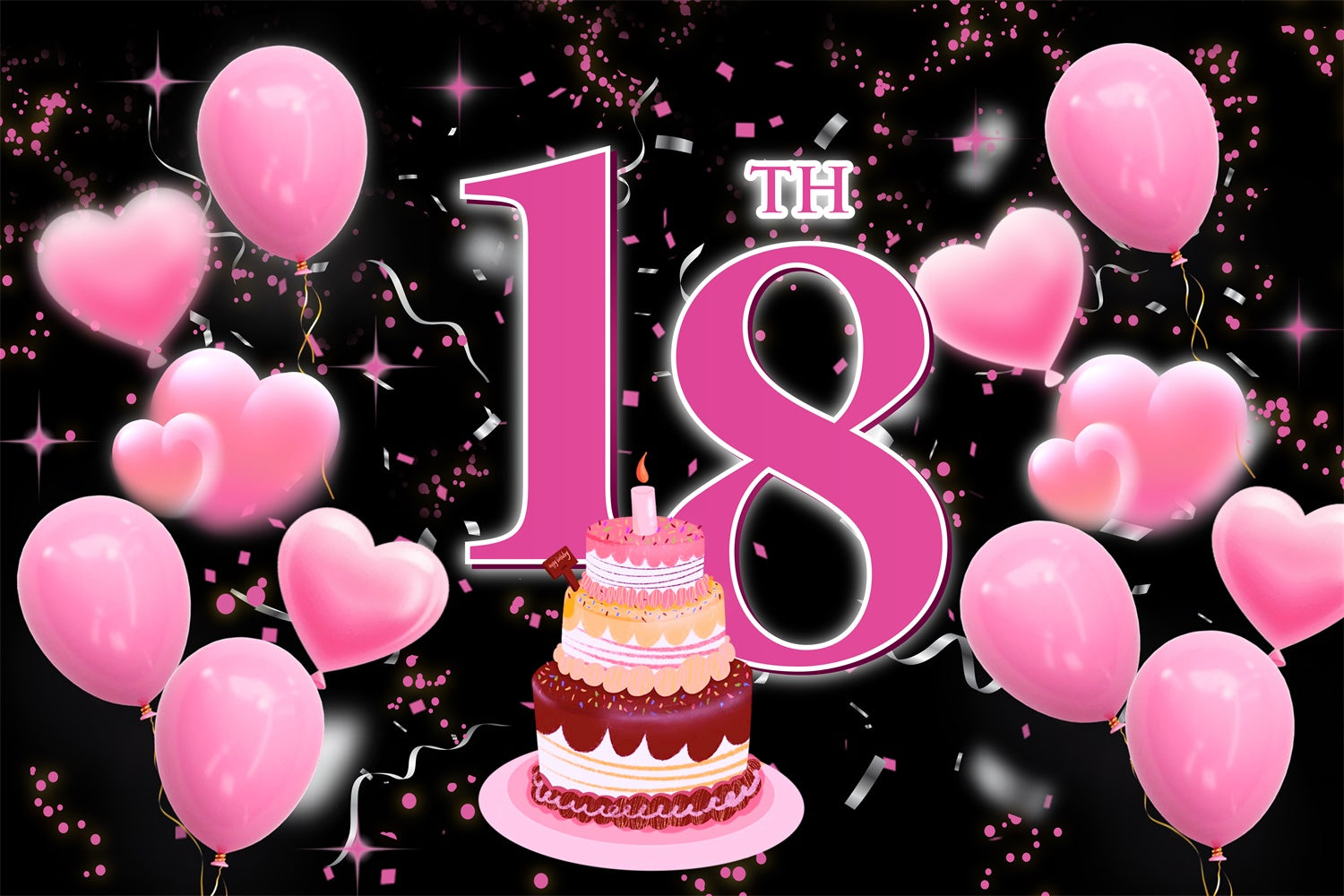 Personalized Birthday Backdrops 18th Pink Balloons Cake Backdrop RR12-51