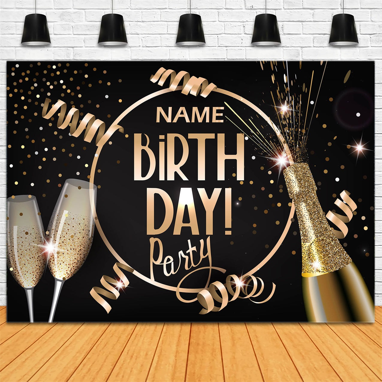 Personalized Birthday Backdrop Champagne Sparkles Gold Ribbon Backdrop RR12-53