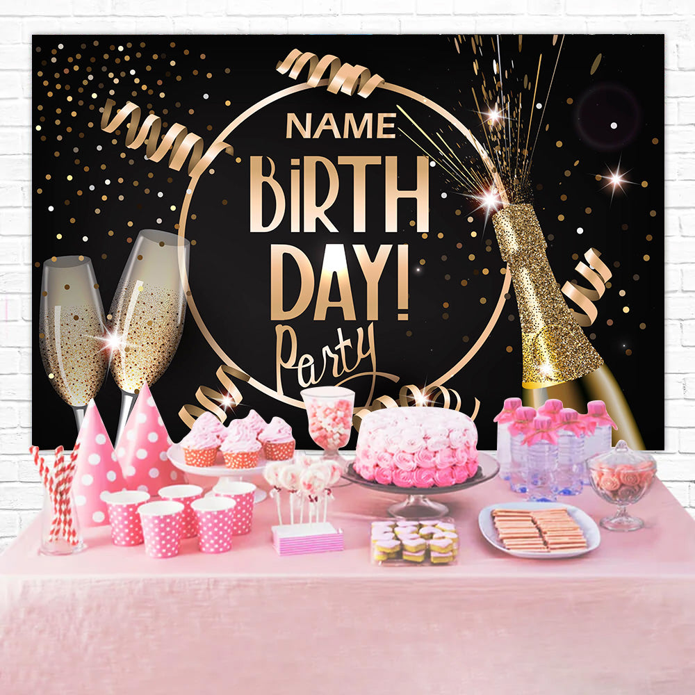 Personalized Birthday Backdrop Champagne Sparkles Gold Ribbon Backdrop RR12-53