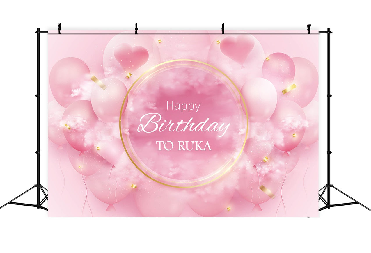 Custom Birthday Backdrop Pink Balloons Heart Gold Backdrop RR12-54