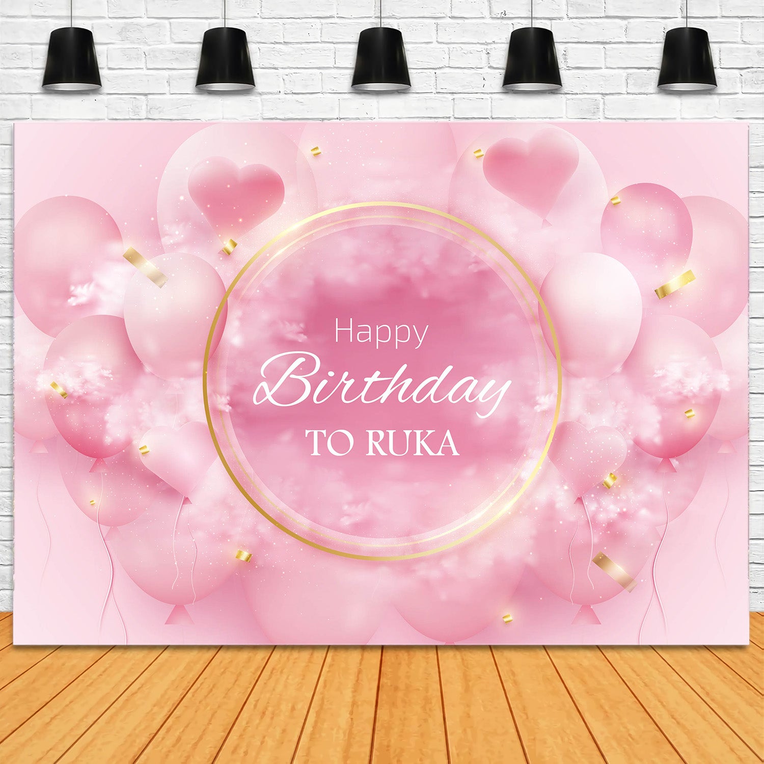 Custom Birthday Backdrop Pink Balloons Heart Gold Backdrop RR12-54