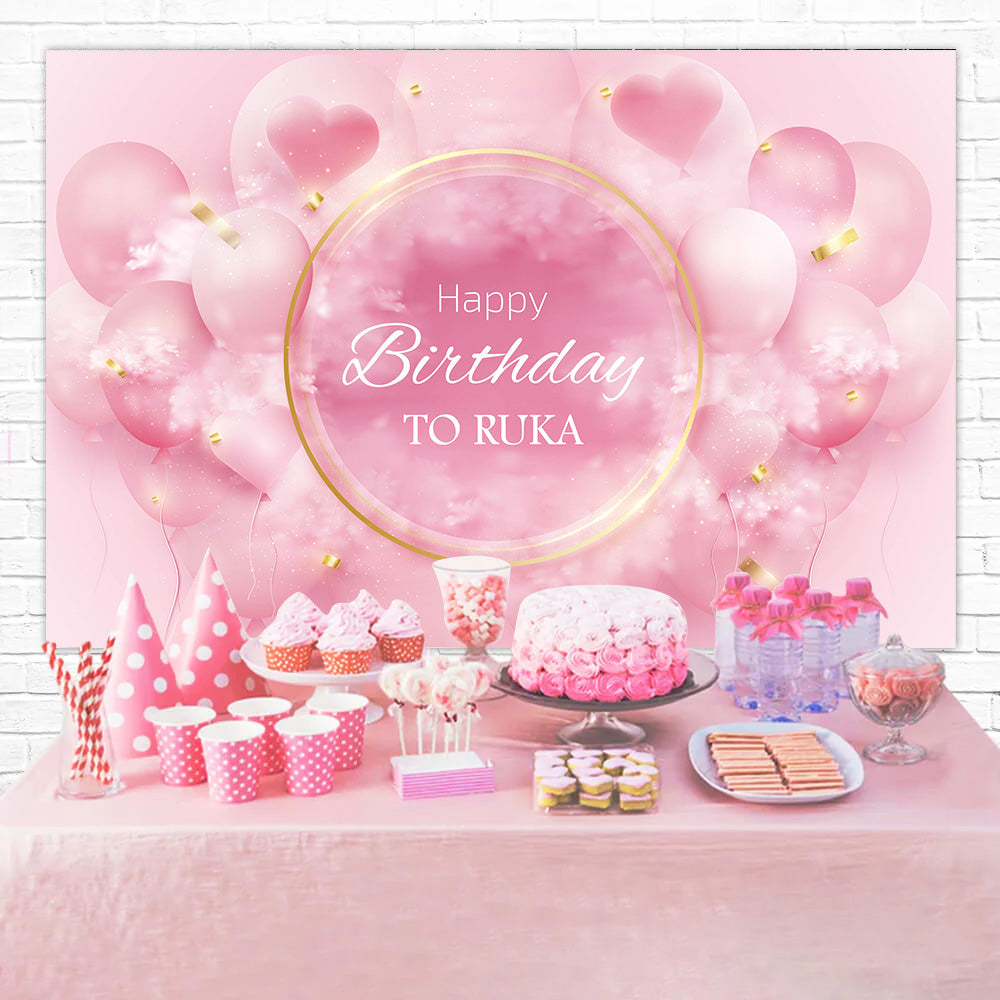 Custom Birthday Backdrop Pink Balloons Heart Gold Backdrop RR12-54