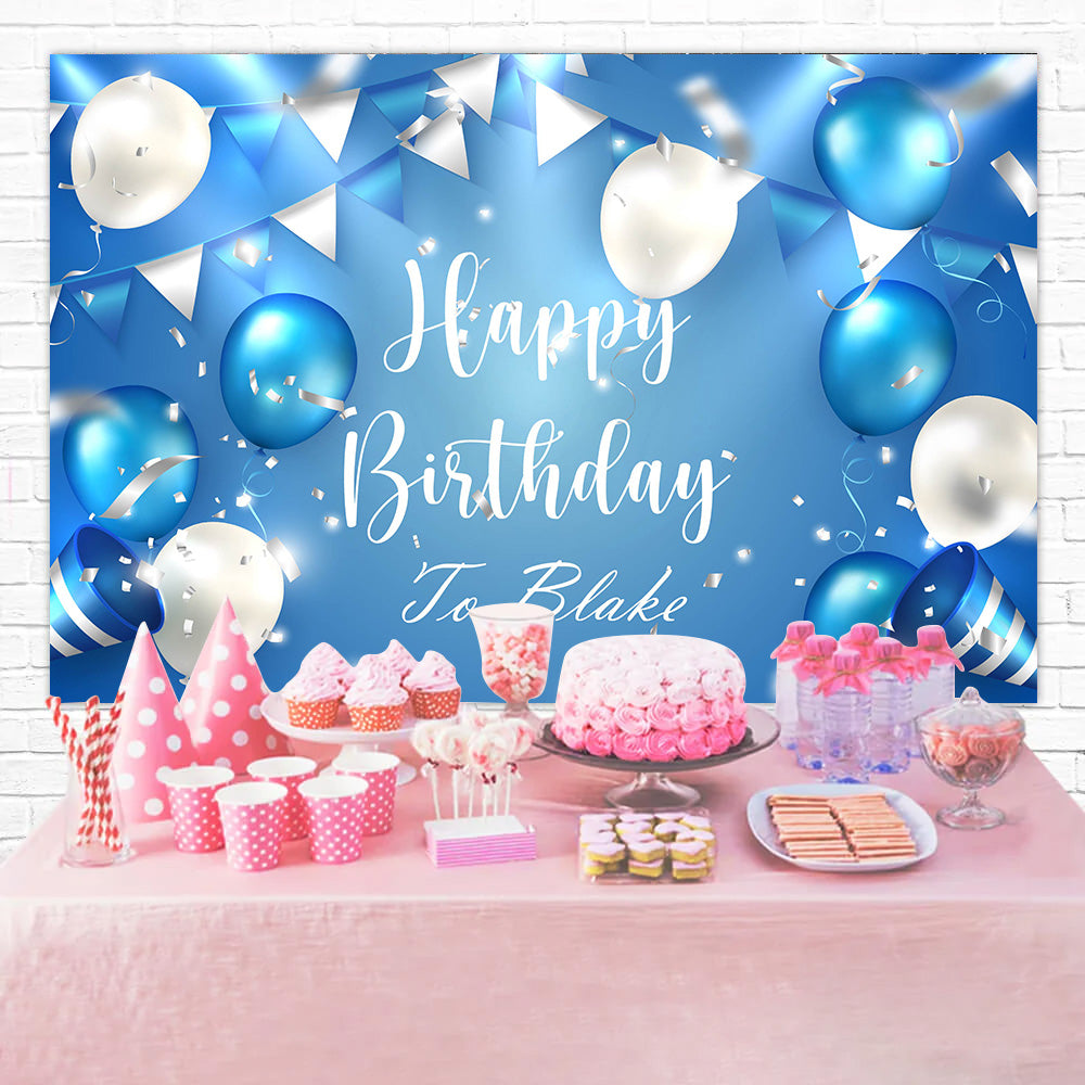 Personalized Backdrop For Birthday Blue White Balloons Backdrop RR12-55