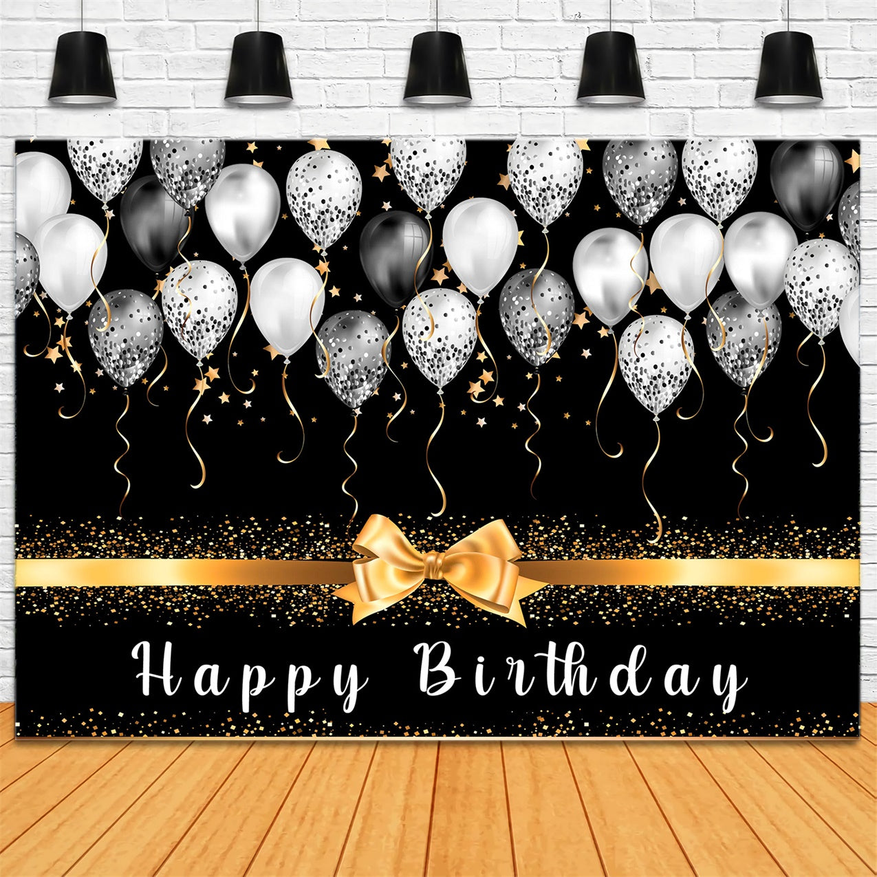 Personalized Birthday Backdrop Black Gold Balloon Glitter Backdrop RR12-56