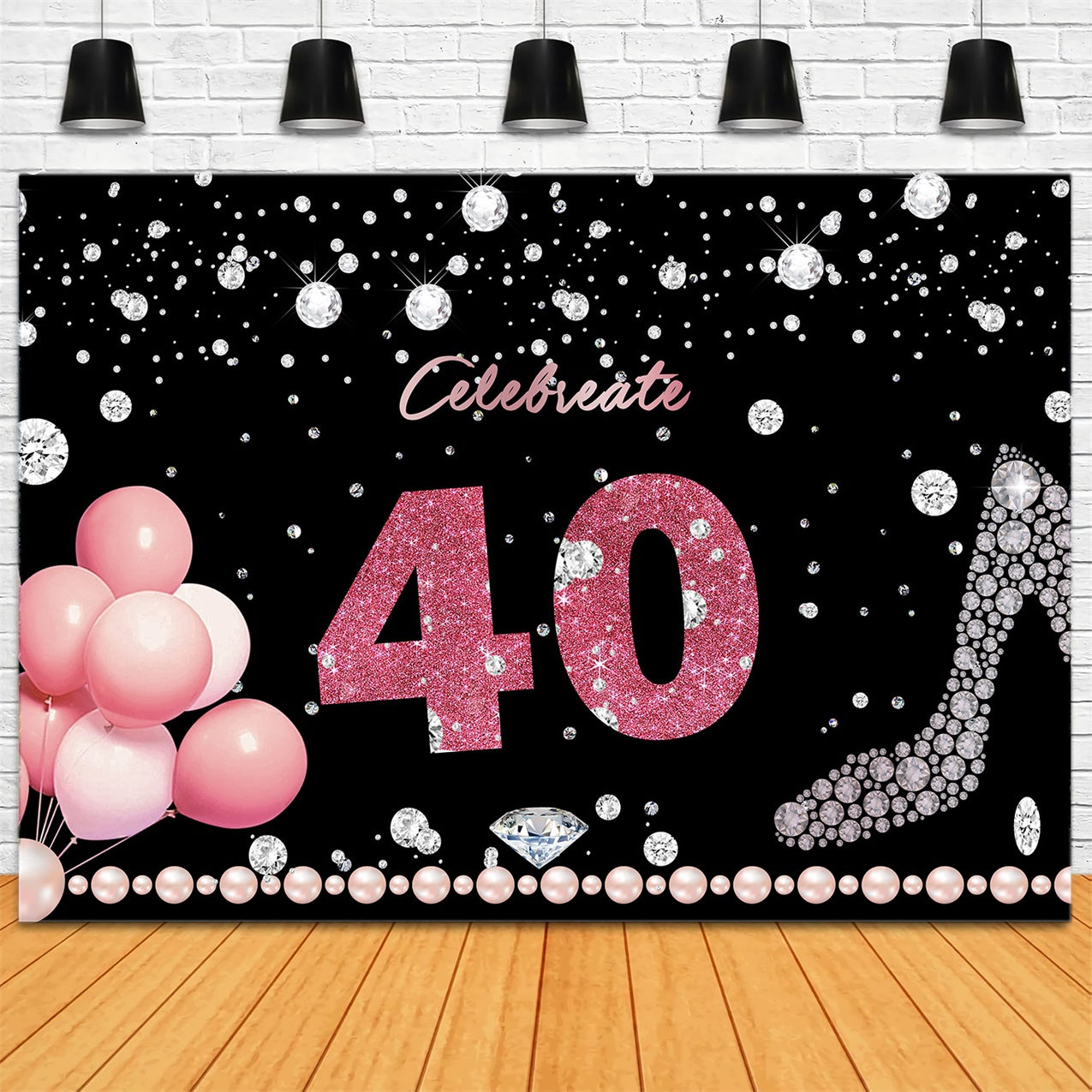 Customized Birthday Backdrop 40th Diamond Pearls Balloon Backdrop RR12-57