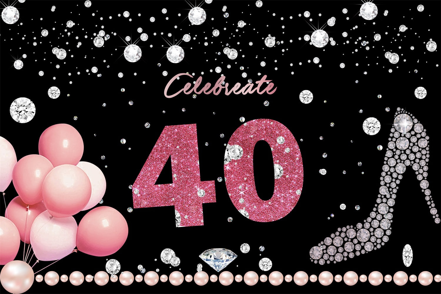 Customized Birthday Backdrop 40th Diamond Pearls Balloon Backdrop RR12-57