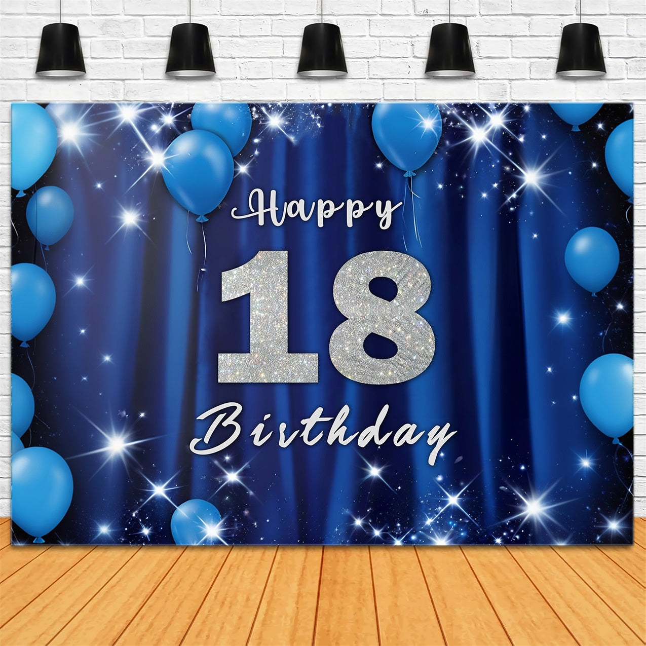 18th Birthday Photo Backdrop Glitter Blue Balloons Backdrop RR12-60