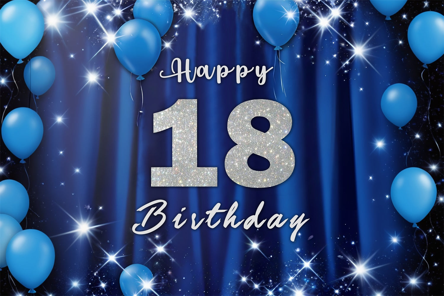 18th Birthday Photo Backdrop Glitter Blue Balloons Backdrop RR12-60