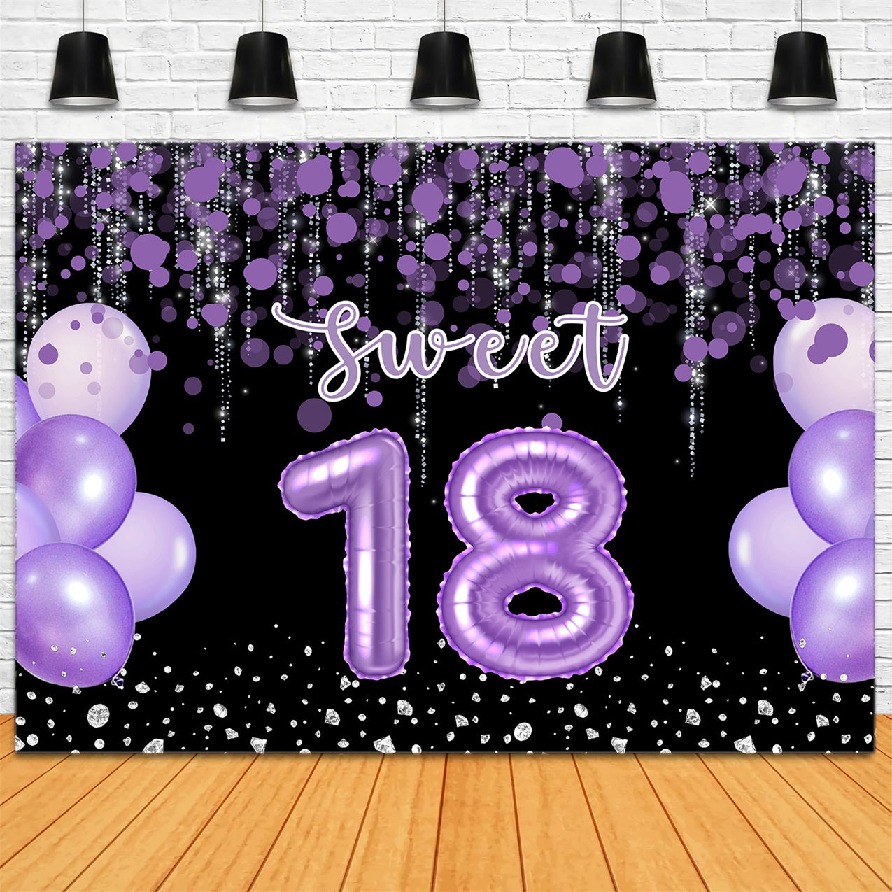 Custom Birthday Backdrops Purple Balloon Sparkle Sweet 18 Backdrop RR12-73