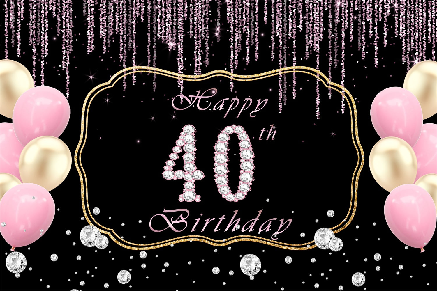 40th Birthday Backdrop Glittering Gold Pink Balloon Backdrop RR12-76