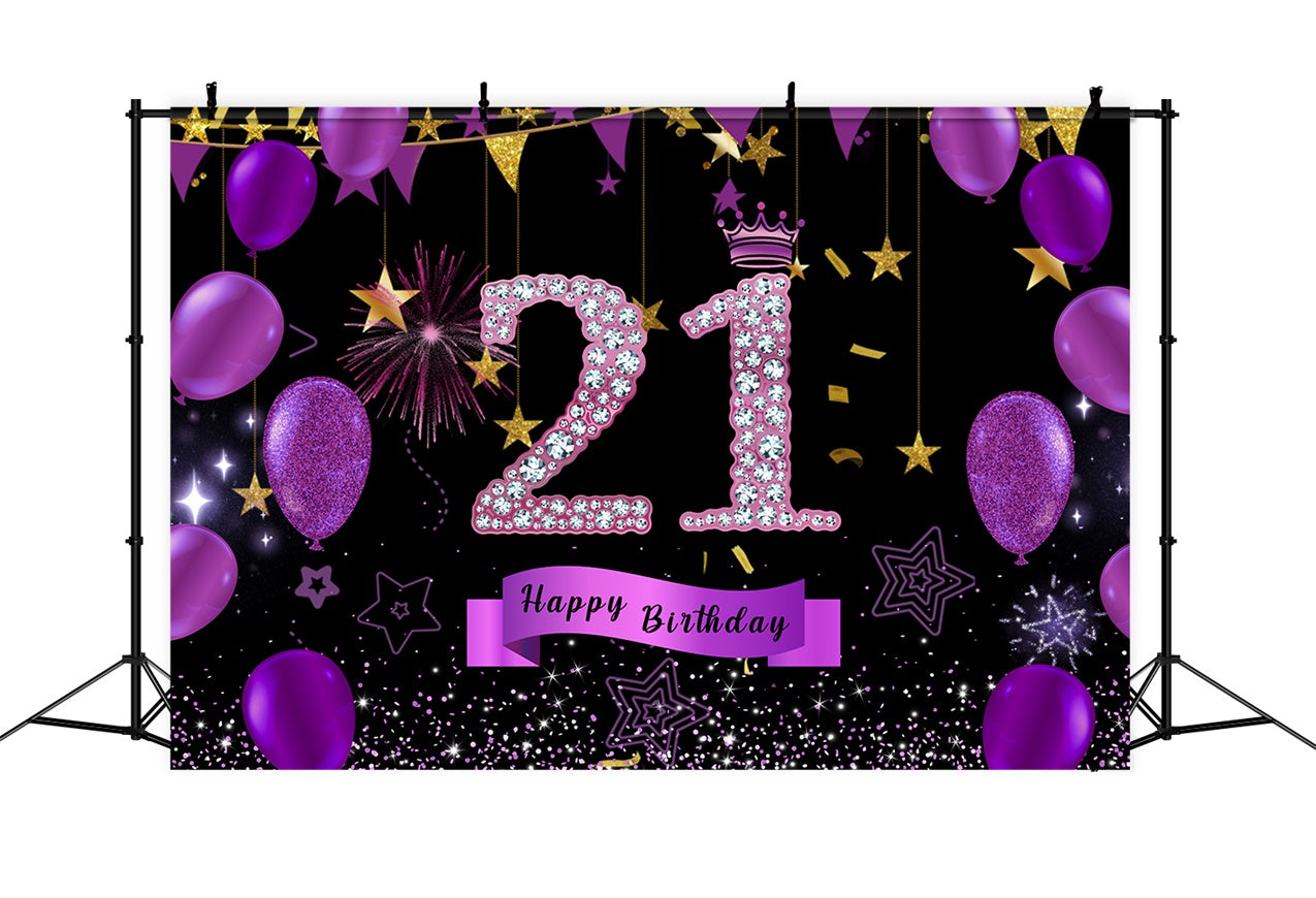 Customized 21st Birthday Backdrop Violet Glittering Balloons Backdrop RR12-79