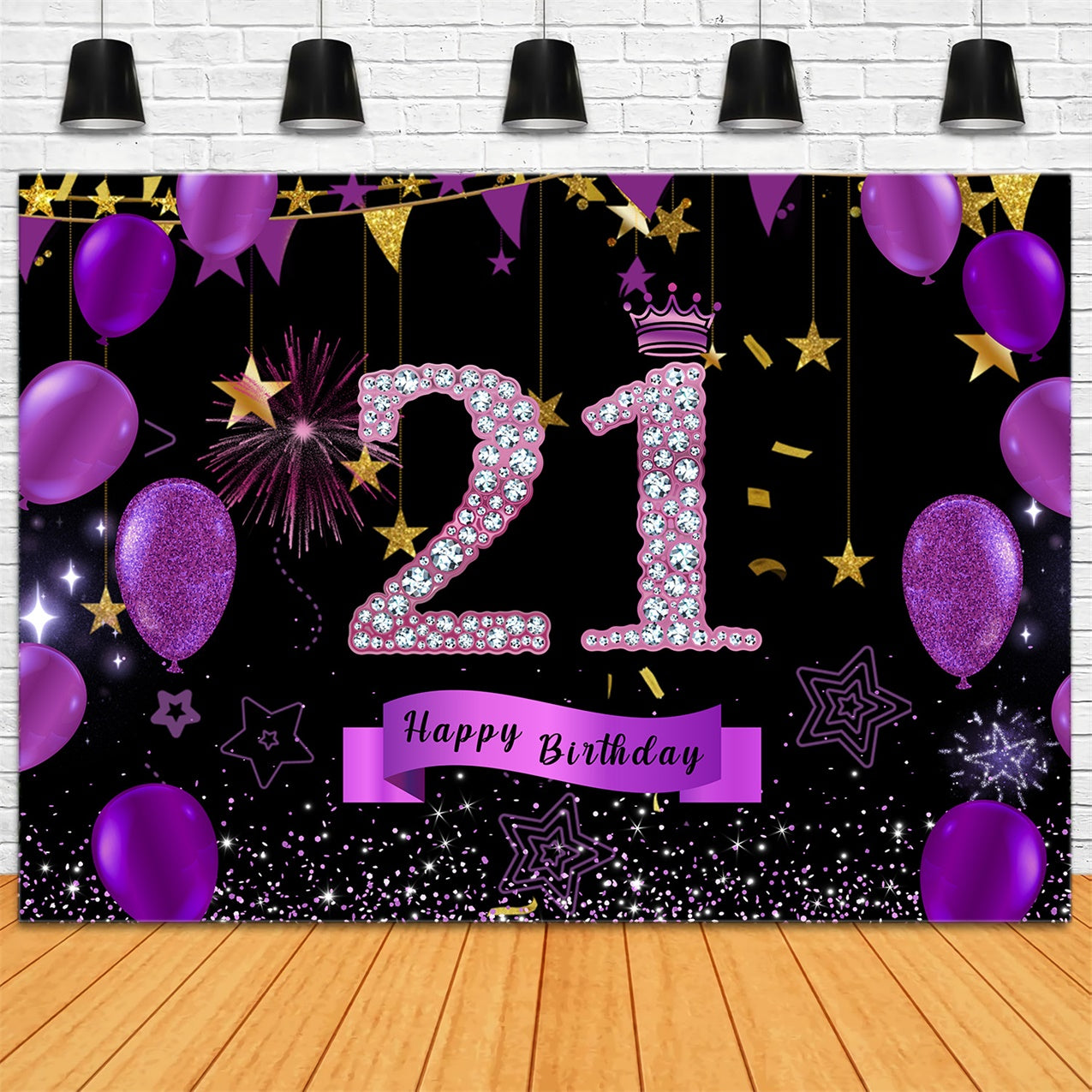 Customized 21st Birthday Backdrop Violet Glittering Balloons Backdrop RR12-79