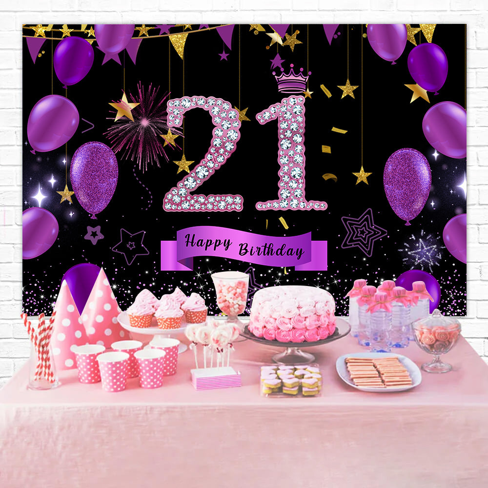 Customized 21st Birthday Backdrop Violet Glittering Balloons Backdrop RR12-79