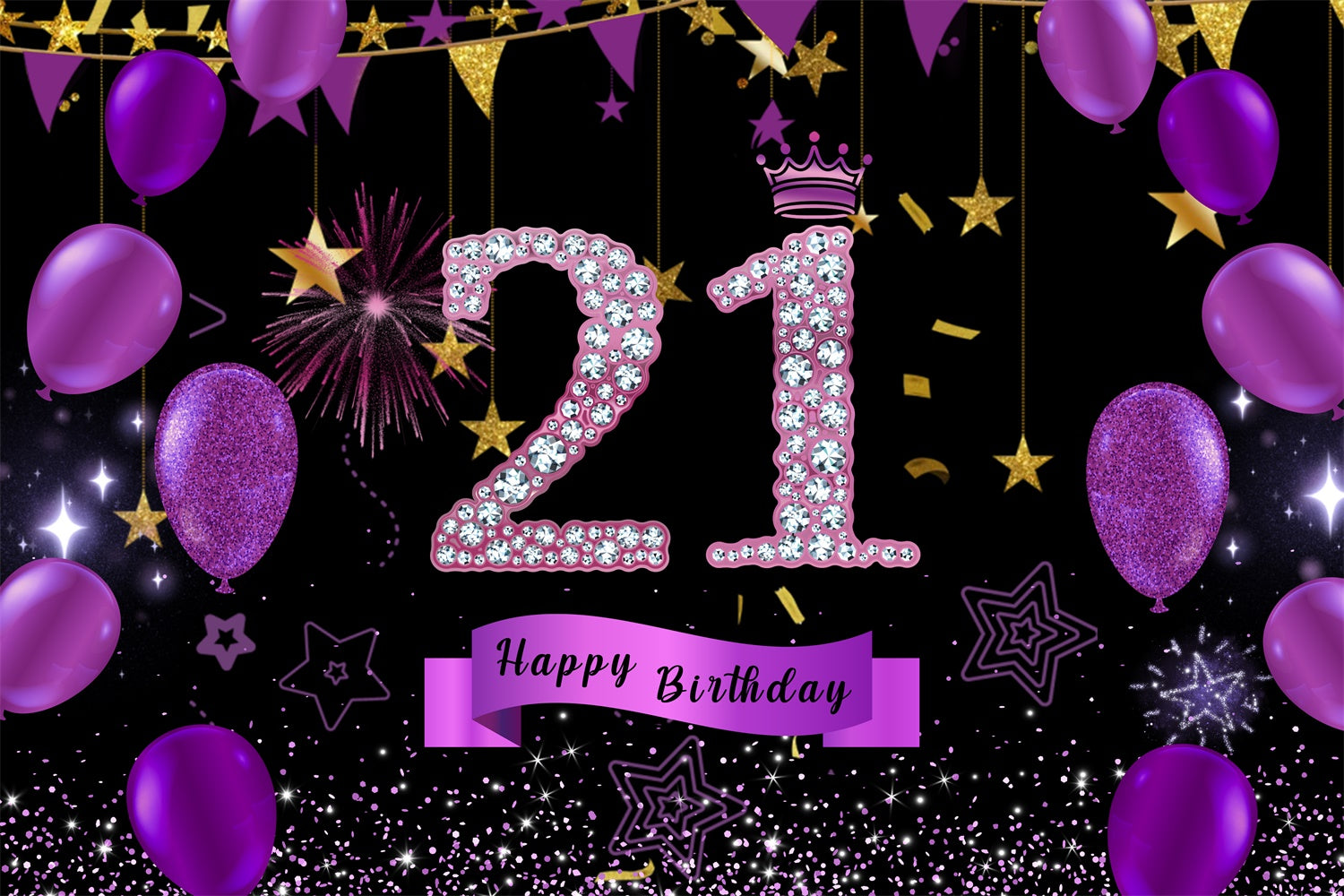 Customized 21st Birthday Backdrop Violet Glittering Balloons Backdrop RR12-79