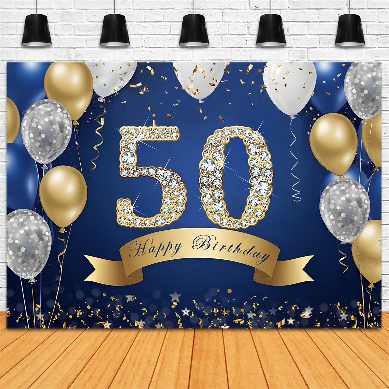 50th Birthday Photo Backdrops Sparkling Navy Gold Backdrop RR12-81