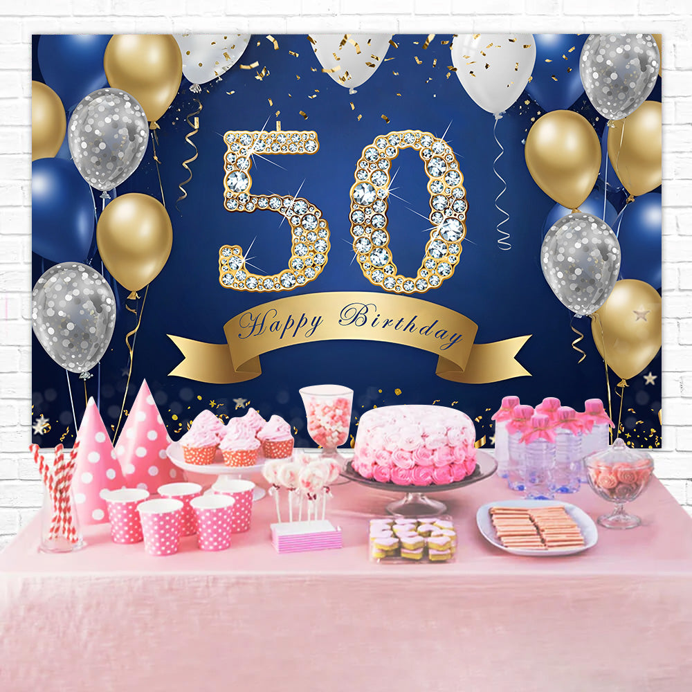 50th Birthday Photo Backdrops Sparkling Navy Gold Backdrop RR12-81